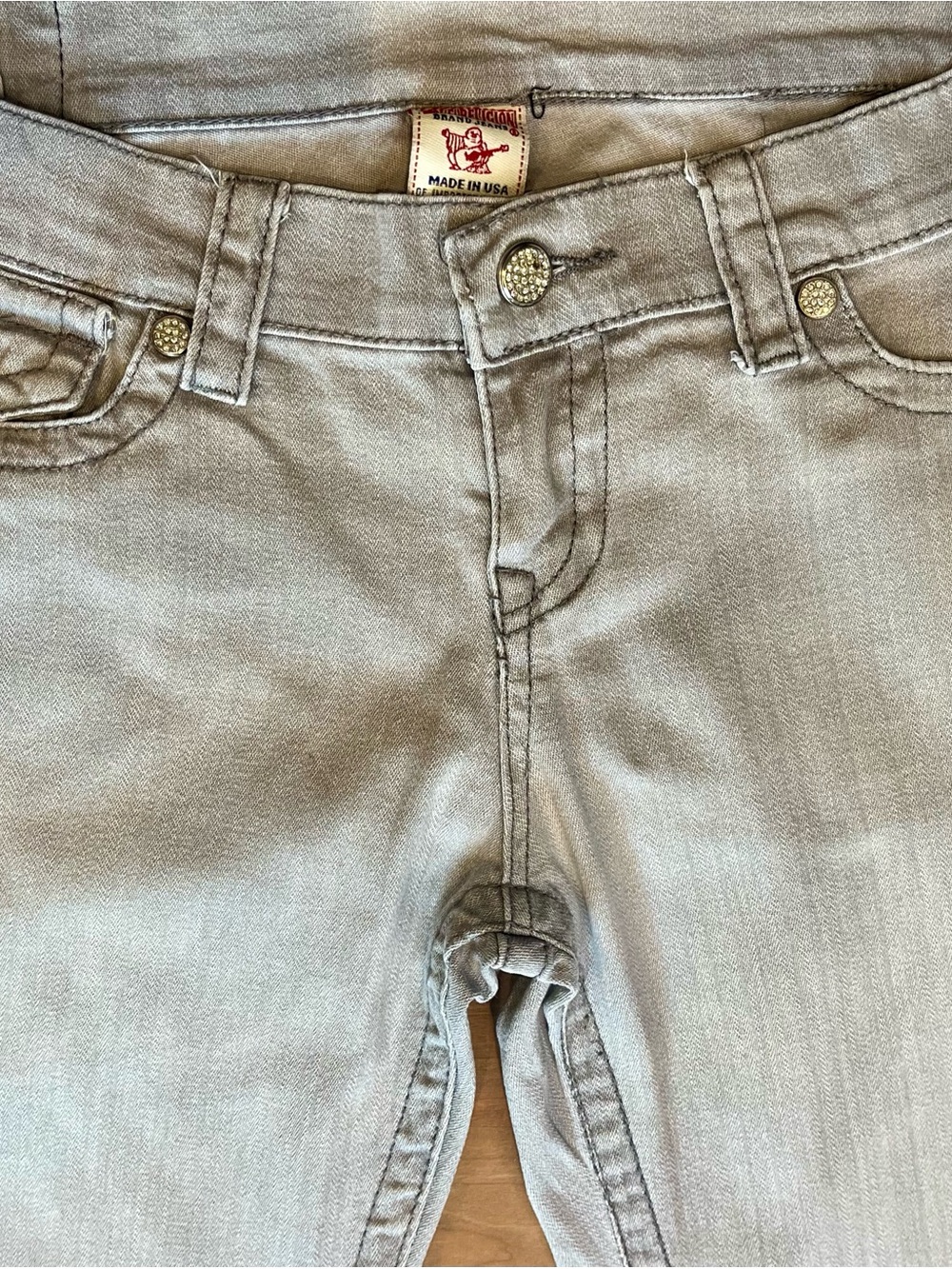 True Religion Women's Skinny Jeans Light Grey Rhinestone Buttons Made in USA 30 - Picture 4 of 11